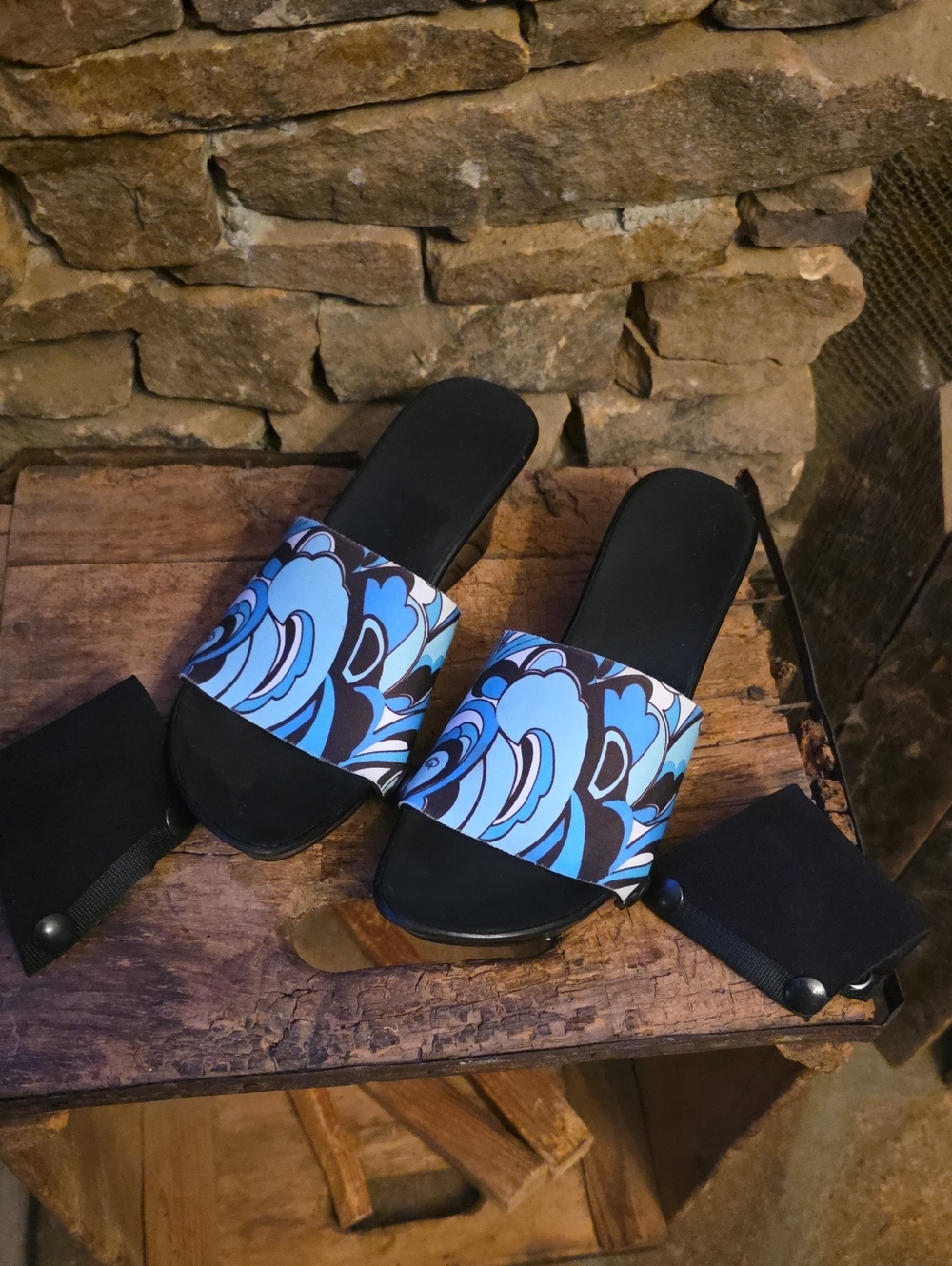 Onesole Black Slide Sandals with Blue Patterned Strap